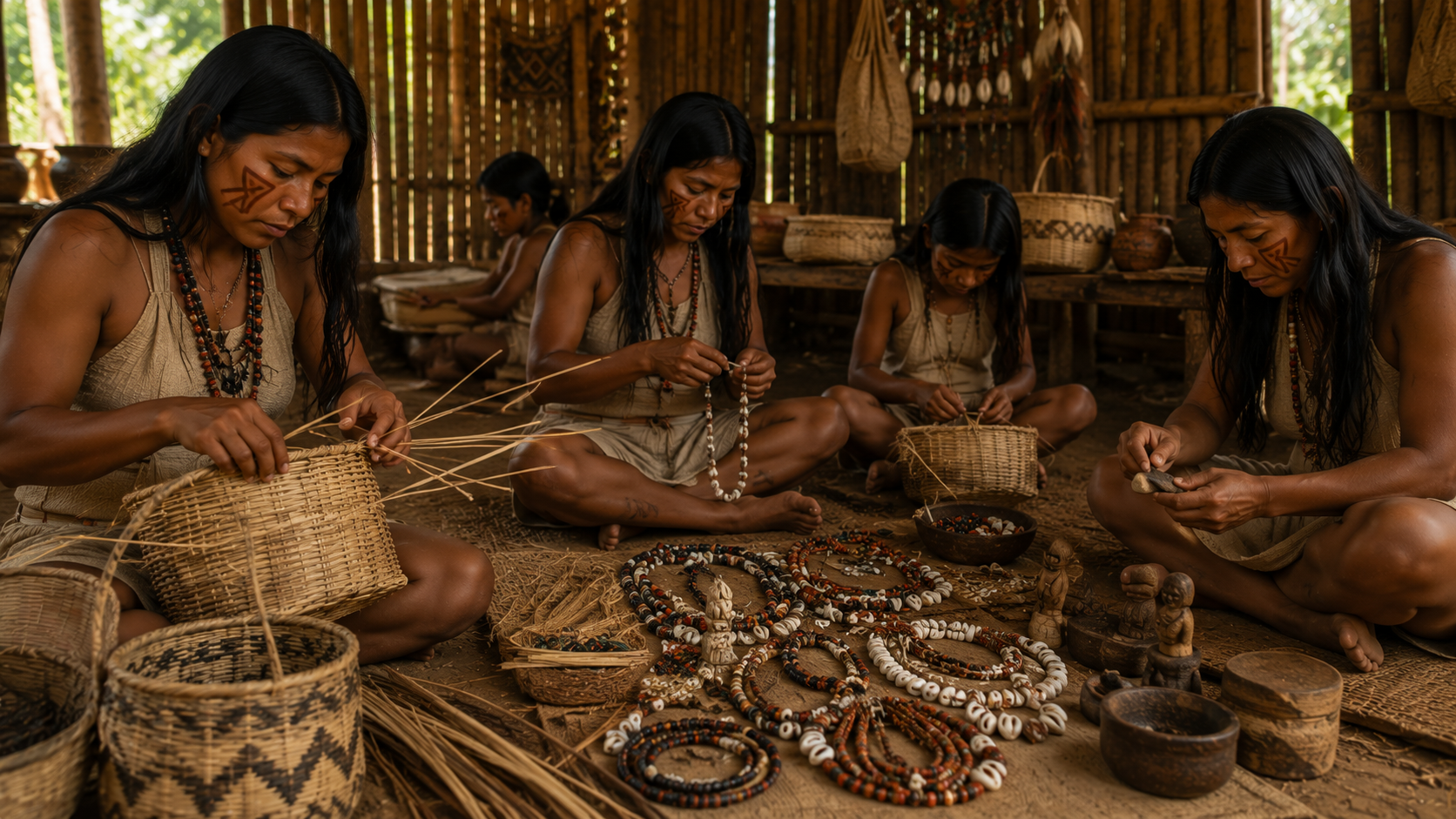 Produção de artesanato Guarani Mbya com cestarias, colares e objetos culturais
