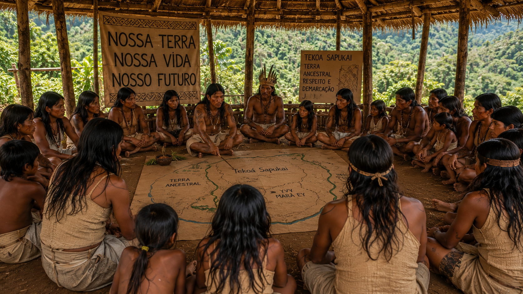 Reunião comunitária Guarani Mbya sobre território, direitos indígenas e demarcação