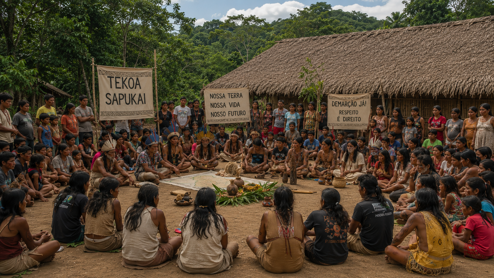 Comunidade contemporânea da Aldeia Sapukai reunida em seu território