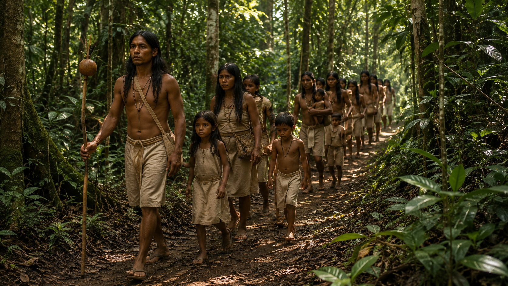 Famílias Guarani Mbya caminhando por trilha da Mata Atlântica