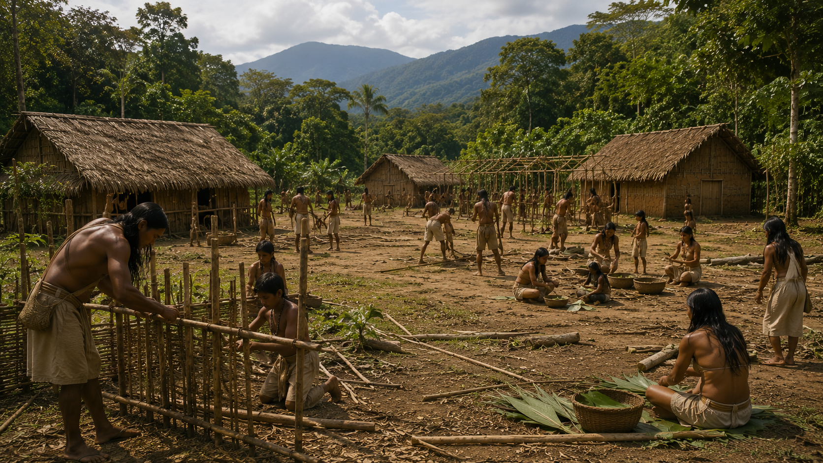 Formação inicial do Tekoa Sapukai com primeiras moradias e organização comunitária