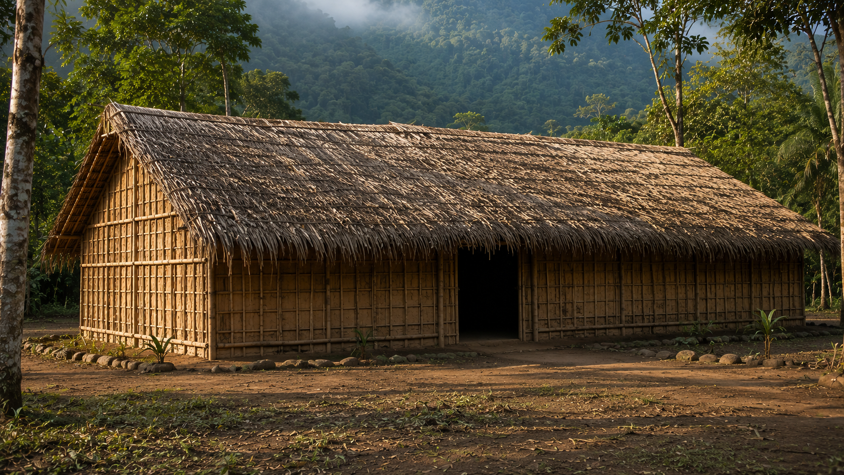 Casa de Reza Guarani Mbya retangular com paredes de pau a pique e cobertura vegetal