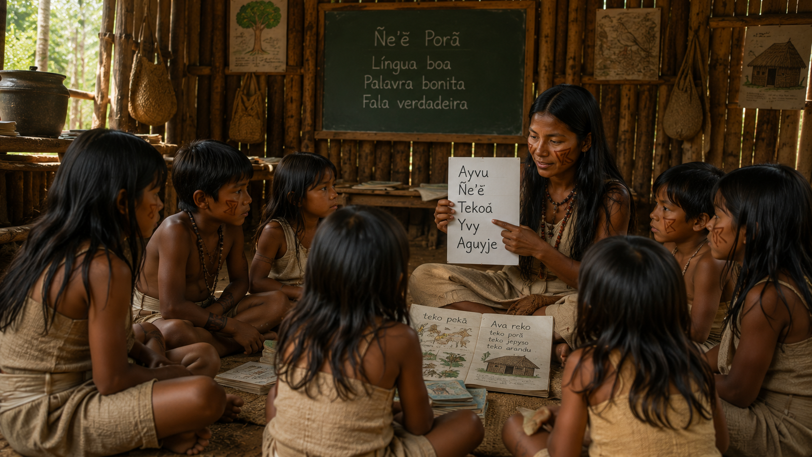 Crianças Guarani aprendendo a língua e os saberes tradicionais em ambiente escolar indígena