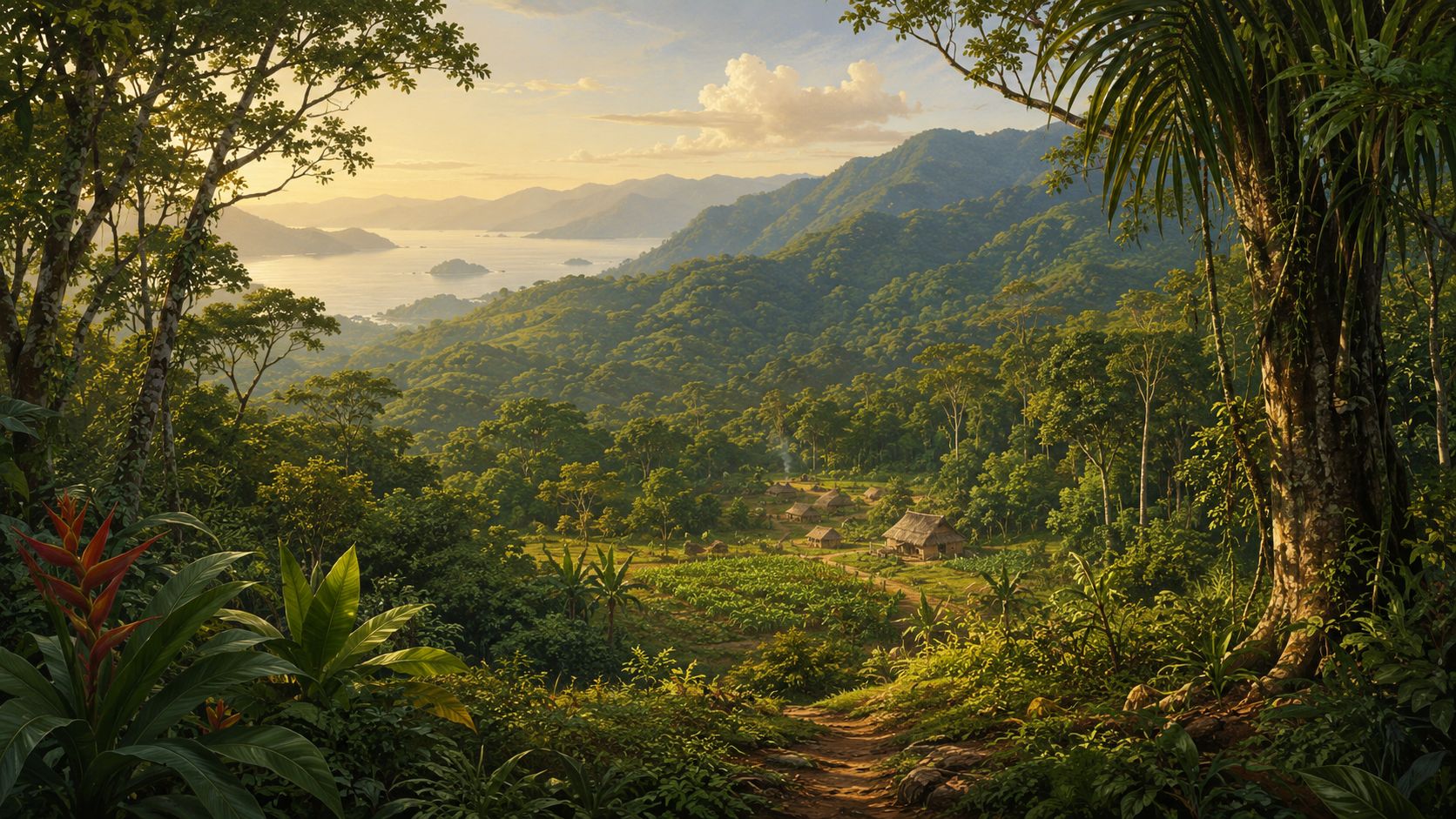Ilustração da Mata Atlântica, montanhas, mar e aldeia integrada ao território sagrado da Aldeia Sapukai