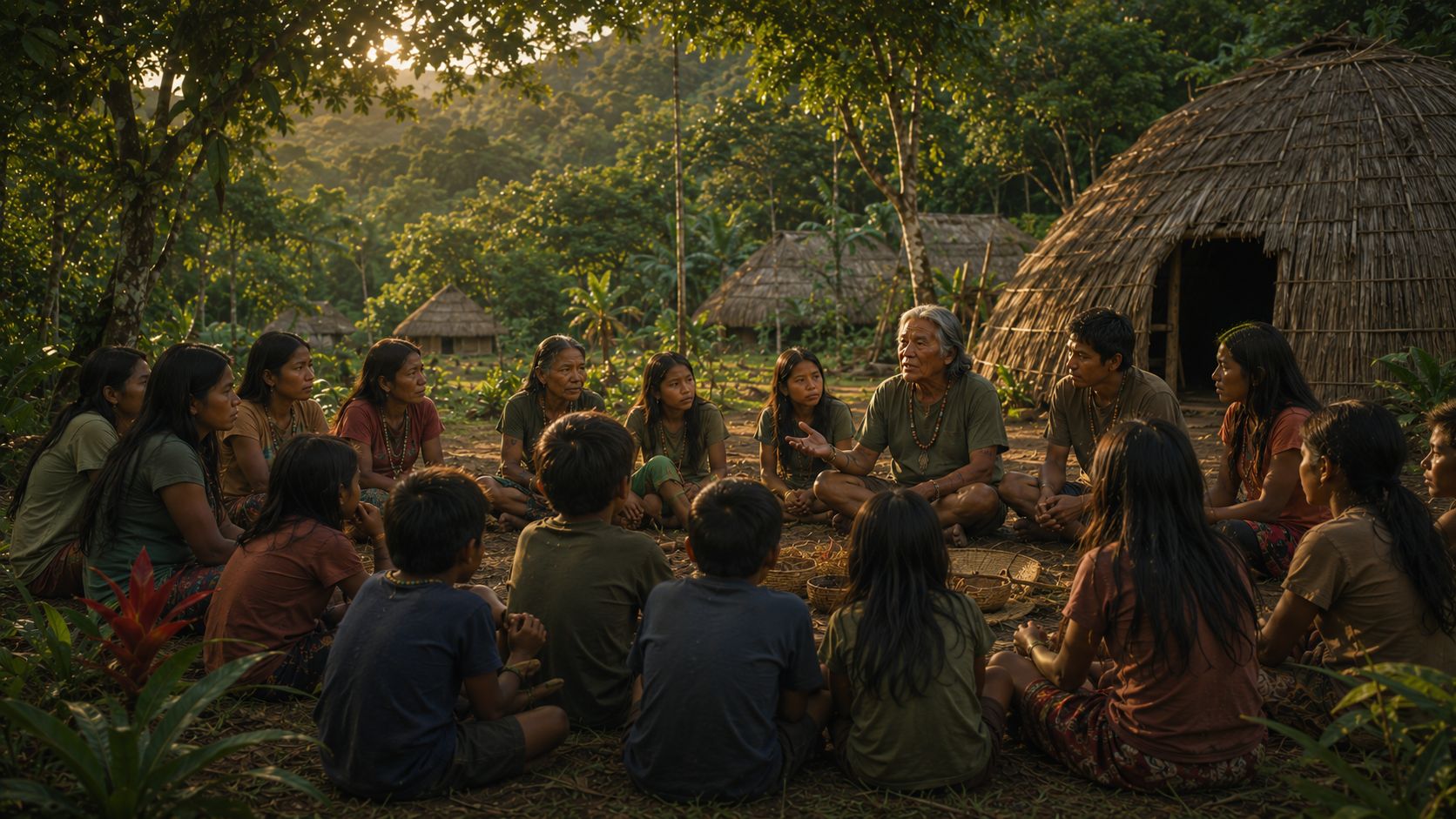 Ilustração de reunião comunitária Guarani Mbya representando autonomia, escuta e protagonismo da Aldeia Sapukai