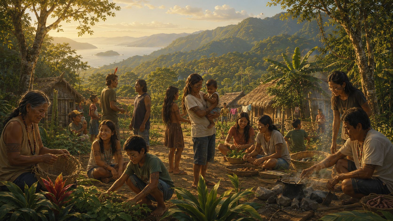 Ilustração de famílias Guarani Mbya em convivência comunitária, com crianças, adultos e idosos na aldeia