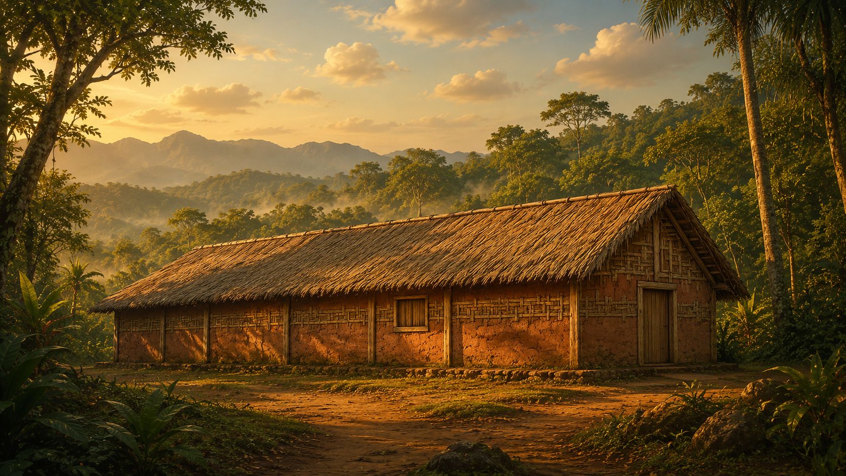 Ilustração da Casa de Reza Guarani Mbya em meio à Mata Atlântica