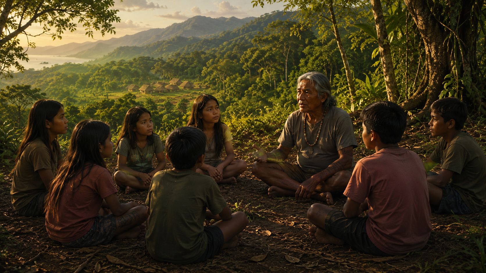Ilustração de ancião Guarani Mbya conversando com crianças em roda de escuta na aldeia