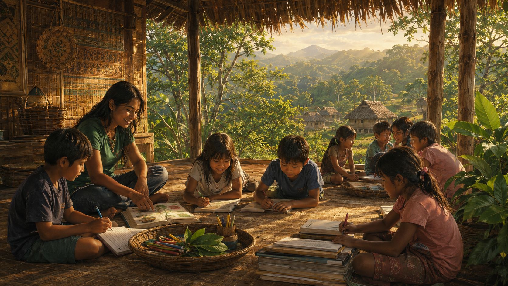 Ilustração de crianças Guarani Mbya em aprendizagem em espaço comunitário ao ar livre