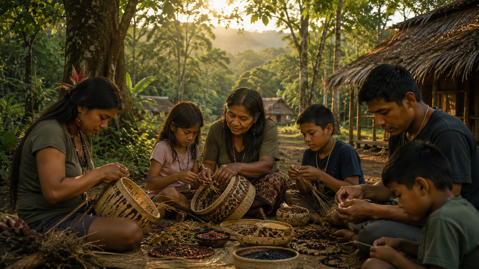 Ilustração de família Guarani Mbya produzindo artesanato e transmitindo saberes tradicionais