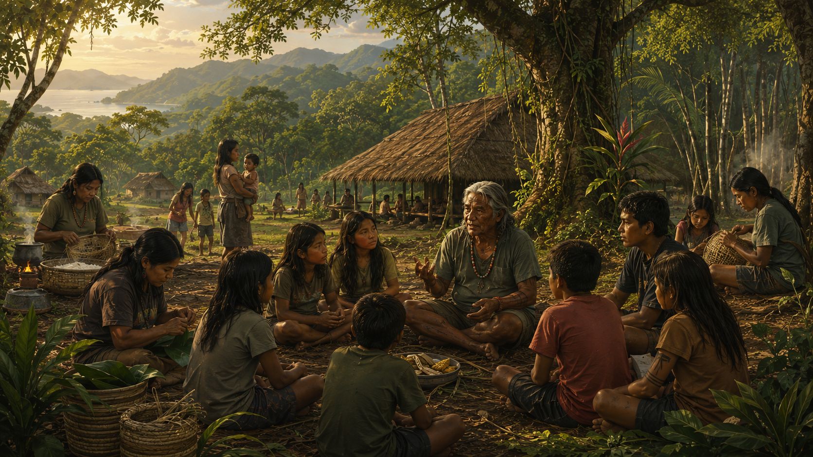 Ilustração de ancião Guarani Mbya transmitindo saberes tradicionais a crianças e jovens da Aldeia Sapukai