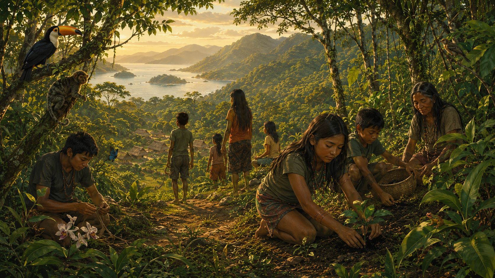 Ilustração da Mata Atlântica com pessoas da Aldeia Sapukai cuidando da floresta, plantas, animais e território