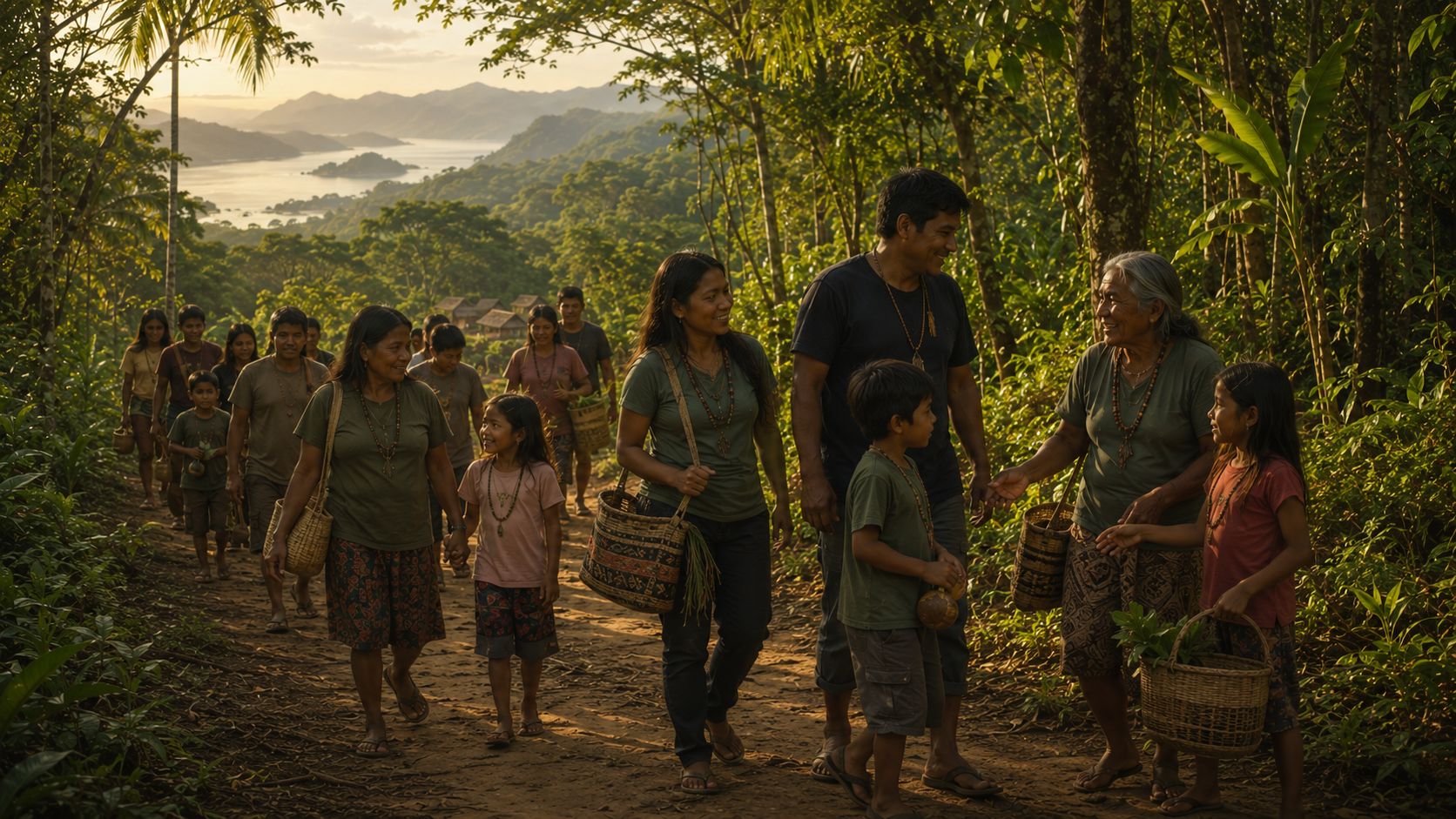 Ilustração de famílias Guarani Mbya caminhando por trilha na Mata Atlântica, representando parentesco e continuidade